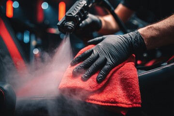 Close-up of car detailing, steam cleaning