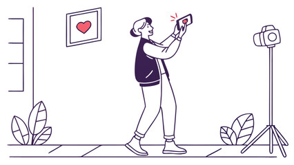 Woman taking selfie with smartphone for social media content creation and live streaming video blogging at home studio