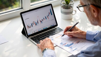 Analyzing Market Trends: Senior Professional Reviews Stock Data on Tablet and Printed Reports, Making Informed Investment Decisions in a Bright Workspace.
