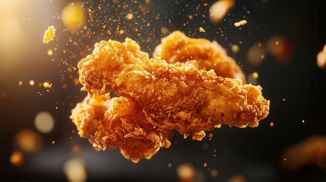 close up shot, fried chicken with crunchy breading jumping in the air, dark kitchen blurred background