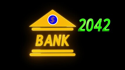 Neon light effect animation of a bank and the year 2042, Business representing real estate growth and market innovation bank icon, risk management, House loan, Insurance and economic recession.