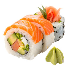Delicious Salmon Sushi Roll with Avocado and Wasabi on Black Background ginger isolated on a transparent background
