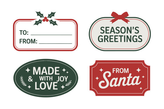 Minimal christmas label pack, to from tags with holly corners, seasons greetings badge, made with joy round label, clean festive design, vector illustration