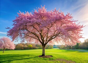 Obraz premium A blooming cherry blossom tree stands alone in a serene spring morning park scene