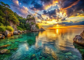Dramatic sunset over crystal-clear waters with a rocky cliff frame and lush greenery
