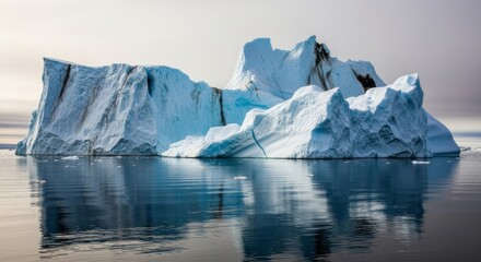 Majestic iceberg floating on tranquil ocean water, reflecting the icy mass and sky.