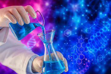 AI generated conceptual image blending real photography and digital graphics showing blue liquid pouring with glowing DNA and molecular symbols in modern biotechnology theme