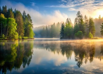 Fototapeta premium A serene landscape with a misty forest and a peaceful lake