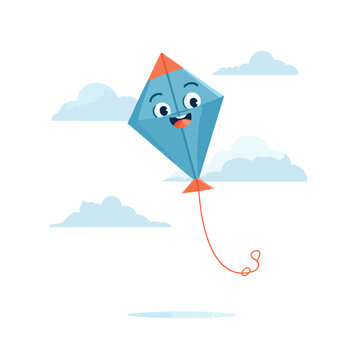Cheerful Blue Kite with Smiling Face Soaring Among Fluffy Clouds