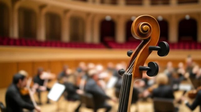 Close-up of Cello Scroll with Blurred Orchestra Performance in Grand Concert Hall