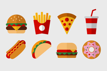 Fast food icons on light background, burger fries pizza drink hot dog sandwich donut taco, modern flat illustration, restaurant vector pack