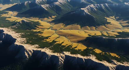 Abstract aerial view of natural landscapes with mountains, valleys, forests, and plains in rich earthy tones. Dramatic lighting highlights textures and contours for a luxurious, realistic look.
