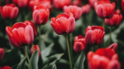 Fototapeta premium Crimson Tulips Field: A Burst of Spring's Red