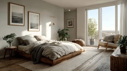 Fototapeta premium Minimalist bedroom with neutral tones, clean lines and Scandinavian-inspired decor.