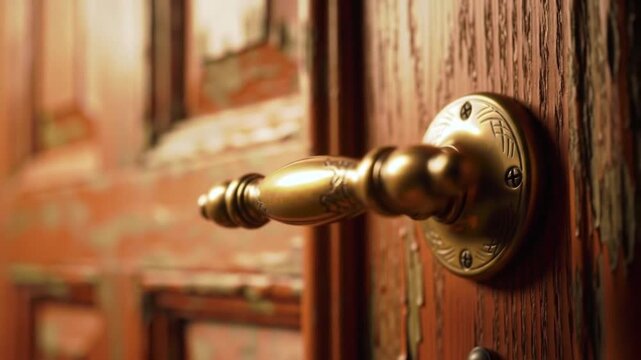 Close-up of Ornate Brass Door Handle on Aged, Peeling Red Wooden Door