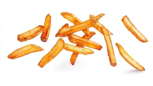 floating thin cajun fries on white background