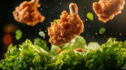 fried chicken and lettuce ingredients jumping in the air, and lettuce, dark kitchen background blurred
