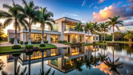 Fototapeta premium Gated community house with modern design and high-end finishes overlooking a tranquil pond with tall palm trees in South Florida