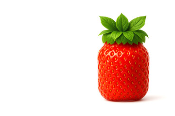 Strawberry-shaped glass jar with green leaves on white background