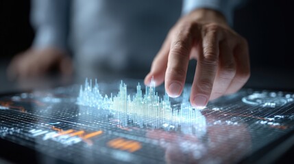 Hand Interacting with Futuristic Data Visualization Interface.