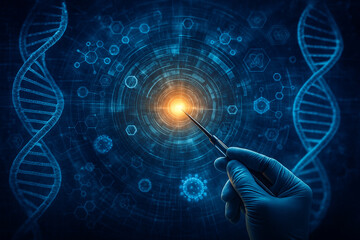 AI generated futuristic concept of genetic and molecular research showing gloved hand tool DNA structures and glowing data center in blue and gold tones