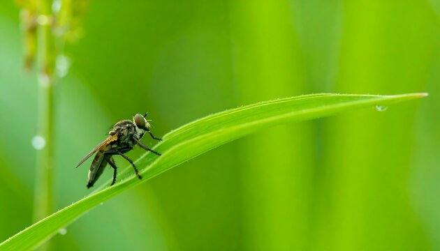 Fly on a dewy leaf