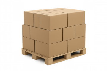Stacked cardboard boxes on a wooden pallet representing shipping, logistics, and delivery, with transparent background for easy integration into projects