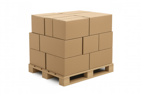 Stacked cardboard boxes on a wooden pallet representing shipping, logistics, and delivery, with transparent background for easy integration into projects