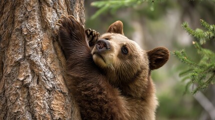A curious brown bear clings to a tree, surrounded by lush green foliage.