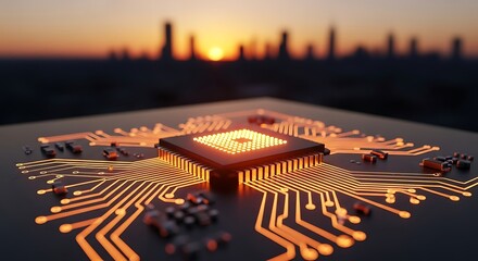 Glowing microchip circuit board with city skyline at sunset