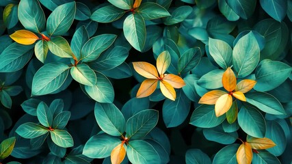 Lush Greenery Dynamic Leaf Patterns with Golden Accents in Natures Embrace. - Powered by Adobe