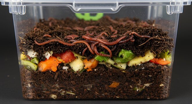 Earthworms Decomposing Food Scraps in a Transparent Vermicompost Bin