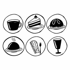 Collection of food and drink icons in a circular frame isolated on white background