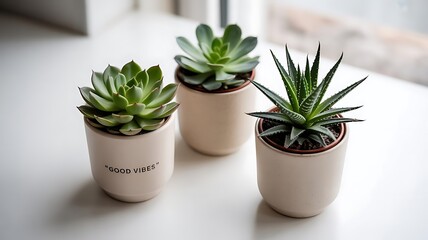 Obraz premium Three potted succulent plants arranged on a windowsill with soft natural light
