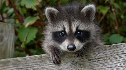 Obraz premium Curious raccoon peeking over a wooden fence, showcasing its playful nature.