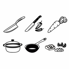 Hand drawn kitchen utensils and vegetables isolated on white background in doodle style