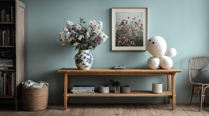 Minimalist console table with fresh flowers, a pastel balloon dog sculpture, and modern decor items, set against a serene teal wall for a chic and playful look.