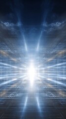 Abstract digital artwork featuring a mysterious radiant light source emerging from the center against a vast deep dark blue background creating a beautiful and ethereal glow effect.