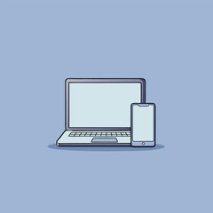A laptop and smartphone are displayed on a blue background, showcasing modern technology in a minimalist setting.