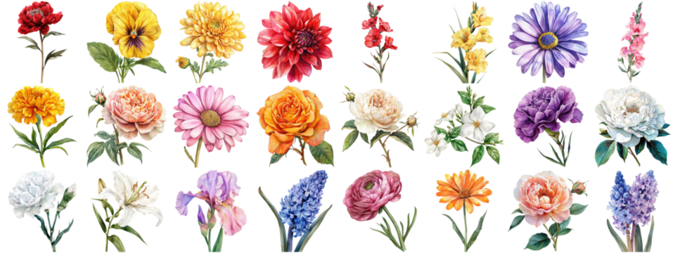 Watercolor flower set isolated background. Various floral collection of nature blooming flower clip art illustration element for retro flora wedding or romantic valentine card. crisp edges cut out. - Powered by Adobe