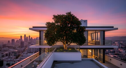 Fototapeta premium Modern Rooftop House with Orange Tree at pink Sunset City View