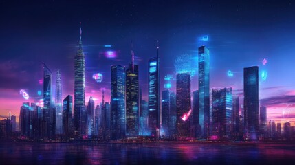 Futuristic cityscape with glowing digital icons at waterfront night