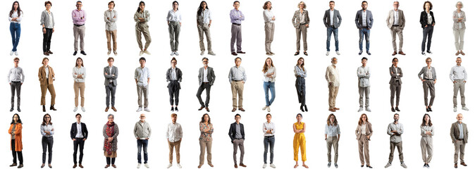 Many business people set isolated background, casual formal attire wear, full body length, networking mixed different diversed businesspeople, happy male female, successful career, crisp edges style