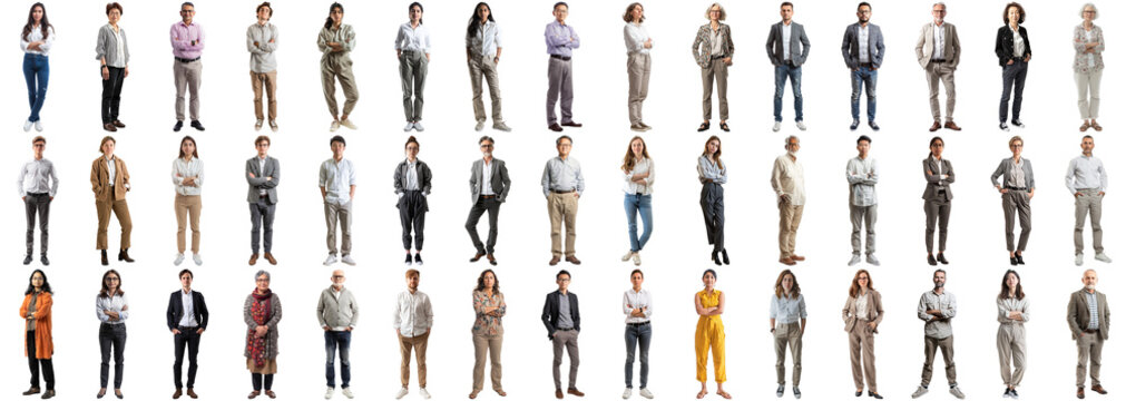 Many business people set isolated background, casual formal attire wear, full body length, networking mixed different diversed businesspeople, happy male female, successful career, crisp edges style
