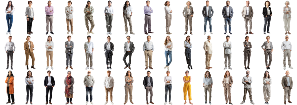 Many business people set isolated background, casual formal attire wear, full body length, networking mixed different diversed businesspeople, happy male female, successful career, crisp edges style