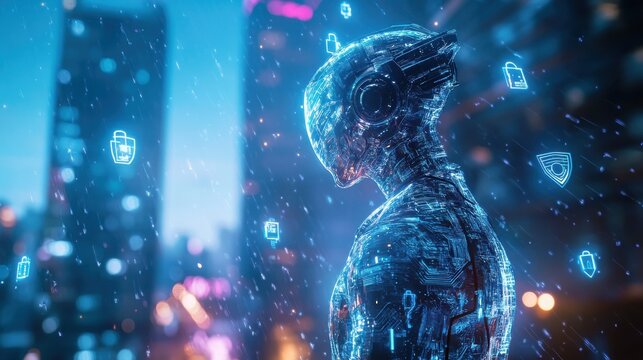 Futuristic robot standing in rainy city at night with security symbols
