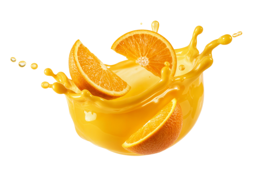 Fresh orange slices splashing in a dynamic wave of orange juice isolated on transparent background