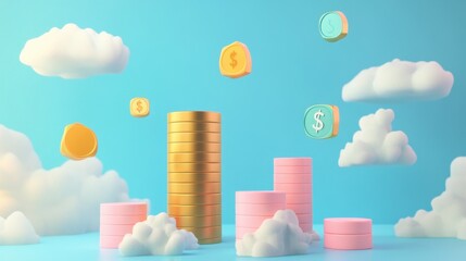 A vibrant digital illustration featuring colorful coins and stacks of money set against a blue sky with fluffy clouds, symbolizing financial growth and prosperity.