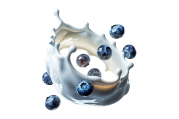 Fresh blueberries dropping into a dynamic white milk splash isolated on transparent background