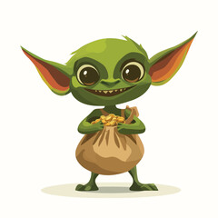 Fototapeta premium Cheerful Green Goblin Carrying a Sack of Gold Coins